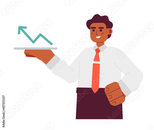 Happy successful man semi flat colorful vector character. Editable half body investor show profit arrow diagram on white. Simple cartoon spot illustration for web graphic design