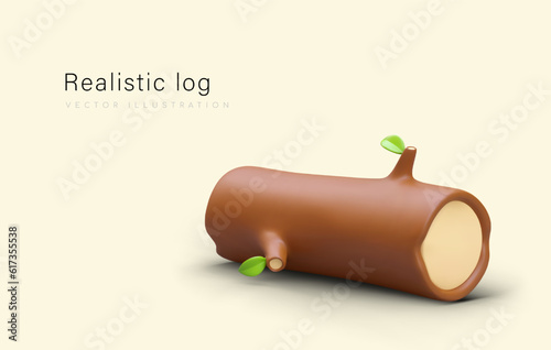 Realistic log with knots and green leaves. Cut tree trunk with bark. Vector poster with 3D illustration and place for text. Horizontal banner on yellow background