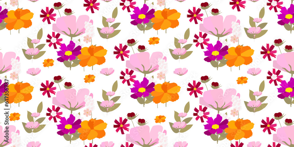 Seamless floral pattern with purple and orange and pink flowers. Print for fabric. Textile pattern.