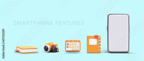 Features and advantages of smartphone. Large list of applications in one gadget. Personal account. Horizontal banner with 3D book, camera, calendar, planner, smartphone. Place for text