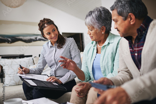 Meeting, senior couple and financial advisor or woman for asset management, retirement planning and finance advice. Elderly man, partner and agent discussion of pension, home policy or life insurance