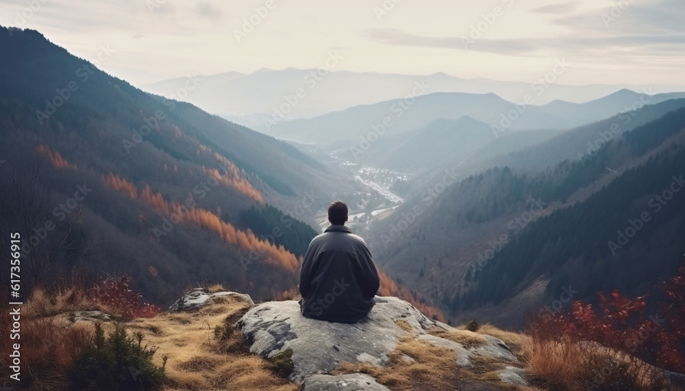 Man yoga meditation sitting on a rock in the mountains in nature, mental health care concept. AI generated.