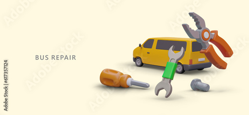 Seasonal maintenance of buses. Fixing problems. Warranty repair. Diagnostics by qualified mechanic. Vector concept for web design. Color isometric illustration, minivan, tools