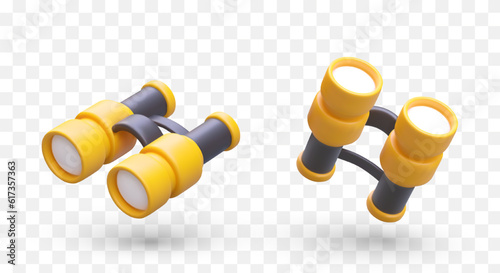 Yellow binoculars isolated, top view, bottom view. Color illustration with shadows. Equipment for remote viewing. Spy symbol. Set of binoculars for camping, tourism