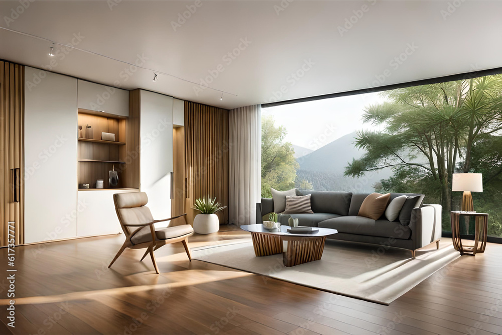 Fototapeta premium Interior design of a tropical-inspired living room with vibrant botanical prints, natural materials,nature inspired and pops of green for a fresh and exotic ambiance | Generative AI