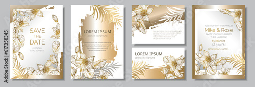 White and gold vector cards with palm leaves and exotic flowers. Abstract design for invitation, brochure, poster, banner, flyer, corporate or business cards.