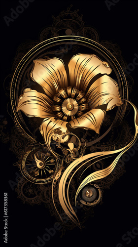 Gold, tulip , old , background, generative, ai, steampunk style, vintage #617358361