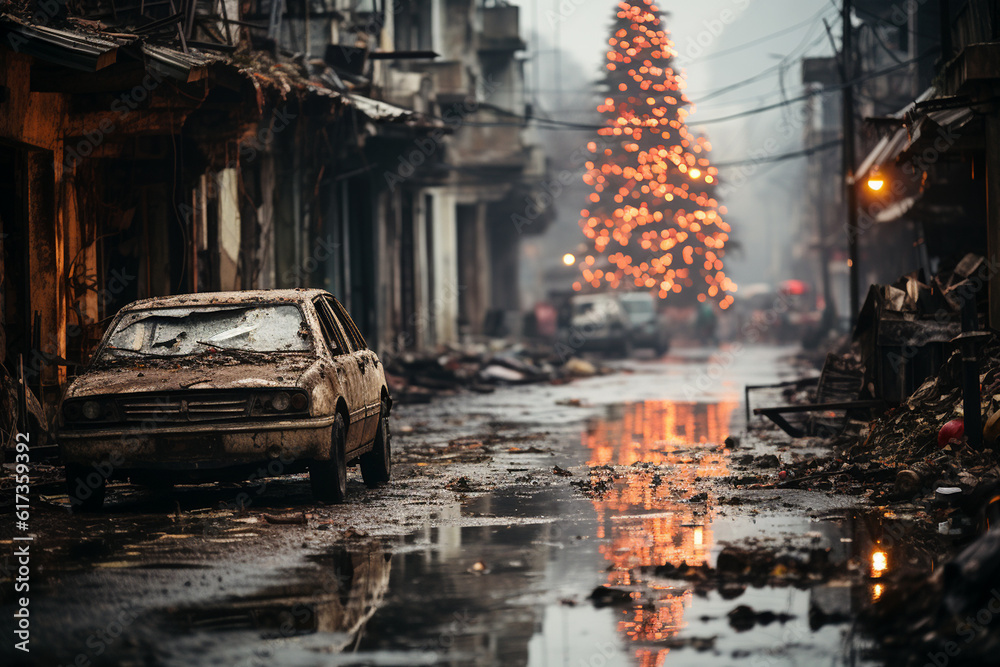 christmas tree on the street, in the background destroyed city, Generative AI