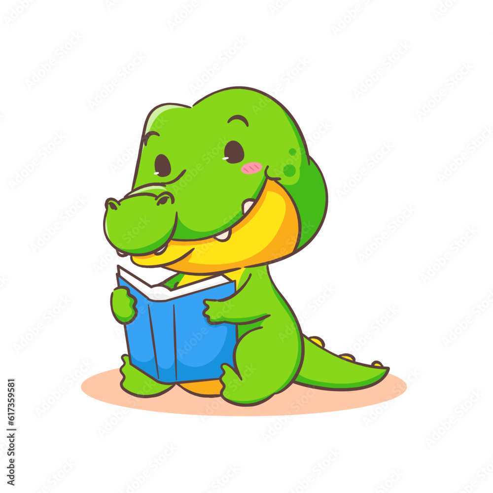 Obraz premium Cute crocodile reading book cartoon character on white background vector illustration. Funny Alligator Predator Green Adorable animal concept design.