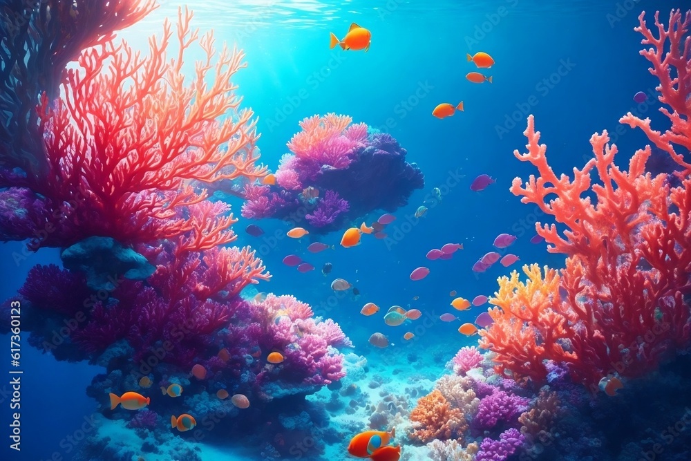 Obraz premium Vibrant underwater art: coral reefs, marine creatures, shimmering sunlight - an immersive AI-generated masterpiece.