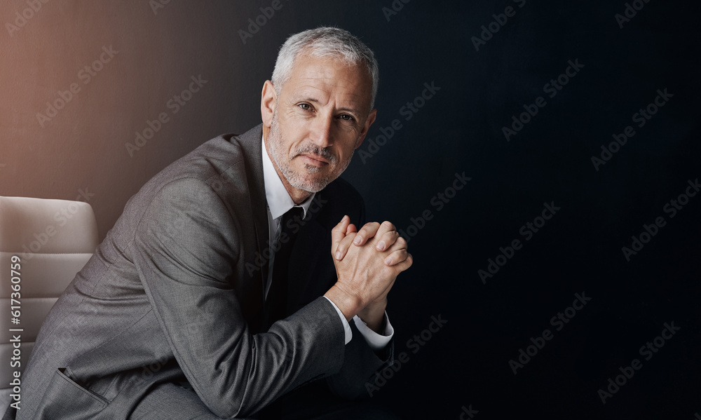 Mockup, chair and portrait of businessman, lawyer or attorney, confidence on dark background and studio space. Boss, ceo and professional business owner, proud senior executive director at law firm. Mockup, chair and portrait of businessman, lawyer or attorney, confidence on dark background and studio space. Boss, ceo and professional business owner, proud senior executive director at law firm.