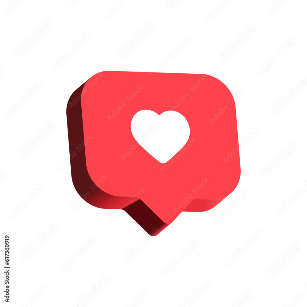 Heart in 3d speech bubble icon background. like heart social media notification icons 3d modern, love like chat bubbles social network post reactions - favorite hearts, 3d rendering, 3d illustration