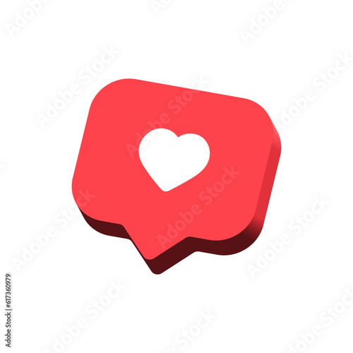 Heart in 3d speech bubble icon background. like heart social media notification icons 3d modern, love like chat bubbles social network post reactions - favorite hearts, 3d rendering, 3d illustration