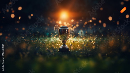 textured field with a soccer cup in the center at sunrise - success concept. Generative ai  © Igor Link