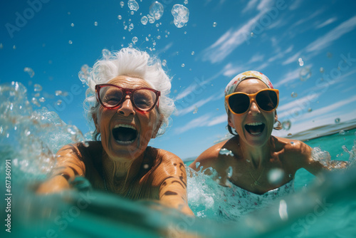 Happy retirees, pensioners. summer vacation, holidays beach, ship and sea, cocktails, travel, happy old age, enjoying life. Grandmother and grandfather, grandparents. Generative AI