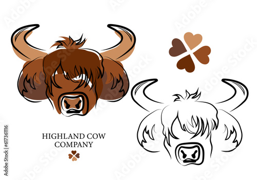 Highland breed cattle, cow. Cute Scottish cattle isolated on white background. Design element for logo, poster, card, banner, emblem, t shirt. Vector illustration.