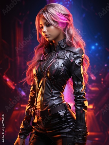 Cosplay girl in leather pants and jacket game character © Gizmo