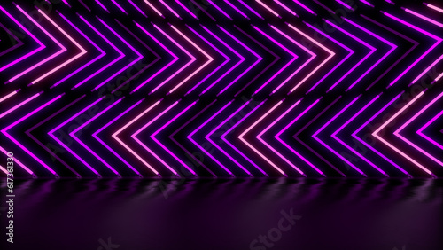 Neon lights retro purple glowing arrow shaped on floor abstract background.