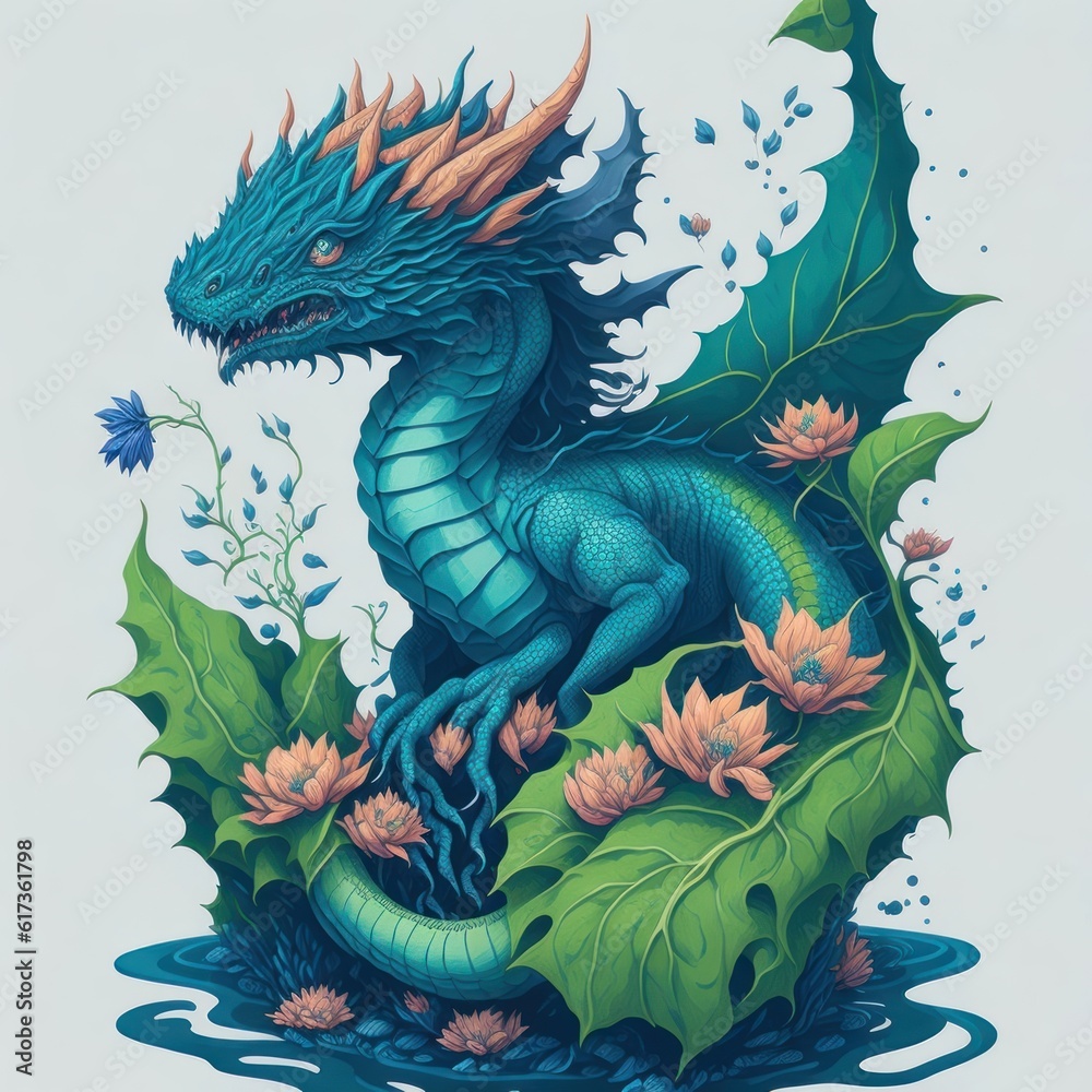 A fantasy watercolor painting of Green Dragon with flower and green leaf spinning background.Generative AI A fantasy watercolor painting of Green Dragon with flower and green leaf spinning background.Generative AI