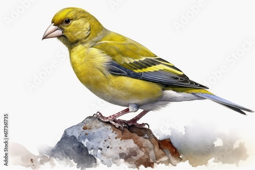 Watercolor painted greenfinch on a white background. photo