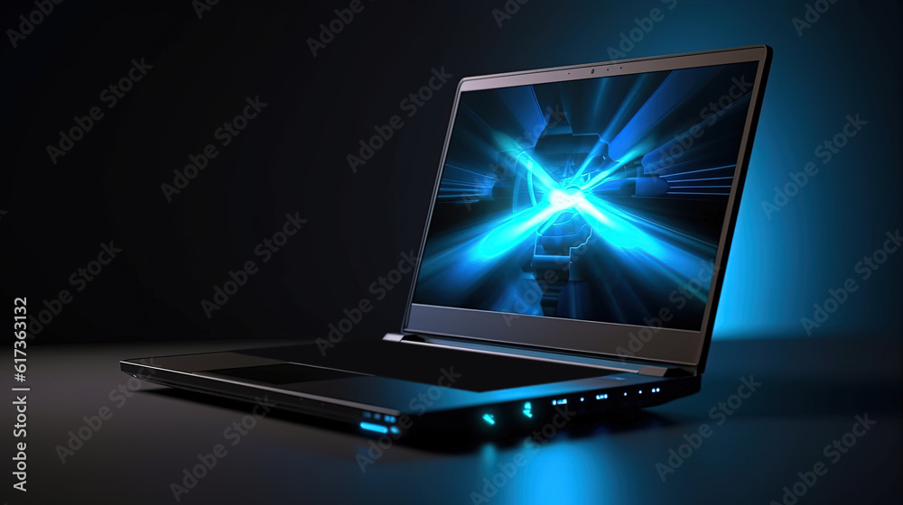 Luminous Connectivity Abstract Screen Notebook Computer Mockup in Dark Background. AI Generative Technology. Luminous Connectivity Abstract Screen Notebook Computer Mockup in Dark Background. AI Generative Technology.
