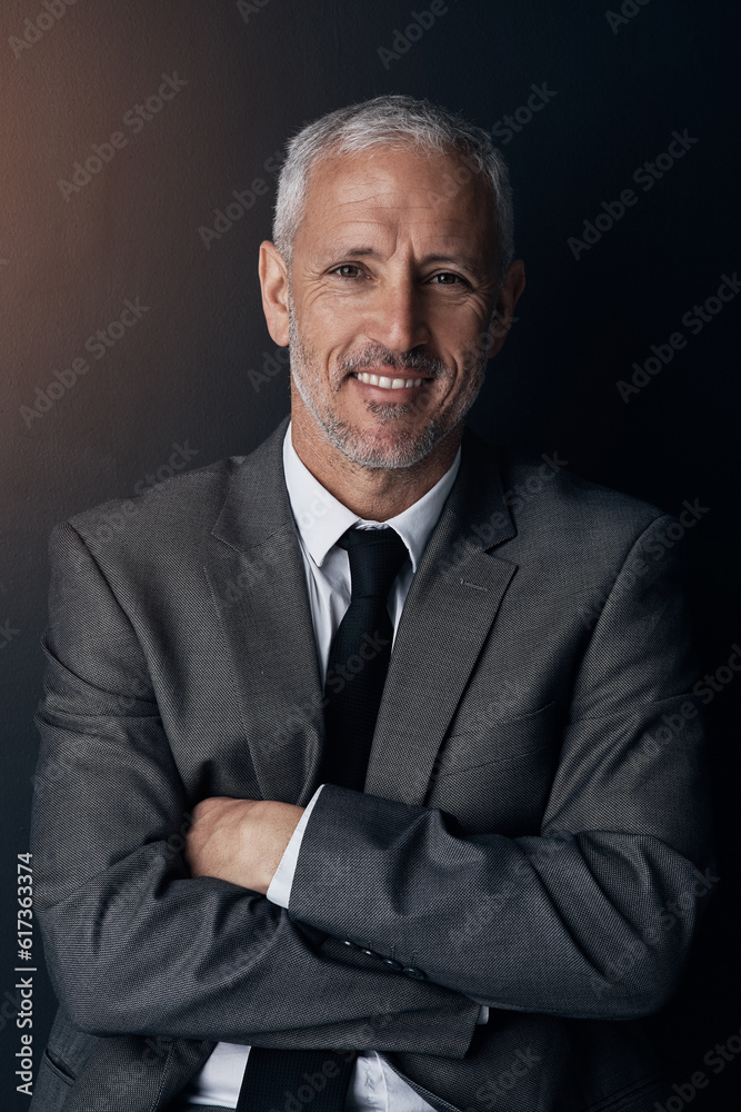 Portrait, smile and businessman with confidence, lawyer or attorney on dark background in studio. Proud boss, ceo and professional business owner, happy senior director at law firm with arms crossed. Portrait, smile and businessman with confidence, lawyer or attorney on dark background in studio. Proud boss, ceo and professional business owner, happy senior director at law firm with arms crossed.