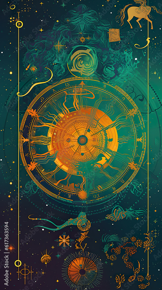 A poster with zodiac signs and animals on it. Generative AI.