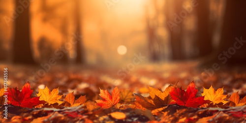 Red And Orange Leaves  Autumn maple leaves in sunlights  sunny bokeh. Beautiful nature background with forest ground. Banner. Concept of fall season. Golden autumn card  generative Ai