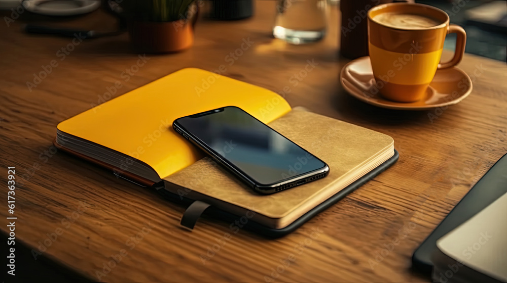Study or Workspace of Notebook, Pen, Smartphone and Tea or Coffee Cup on Table. Generative AI. Study or Workspace of Notebook, Pen, Smartphone and Tea or Coffee Cup on Table. Generative AI.