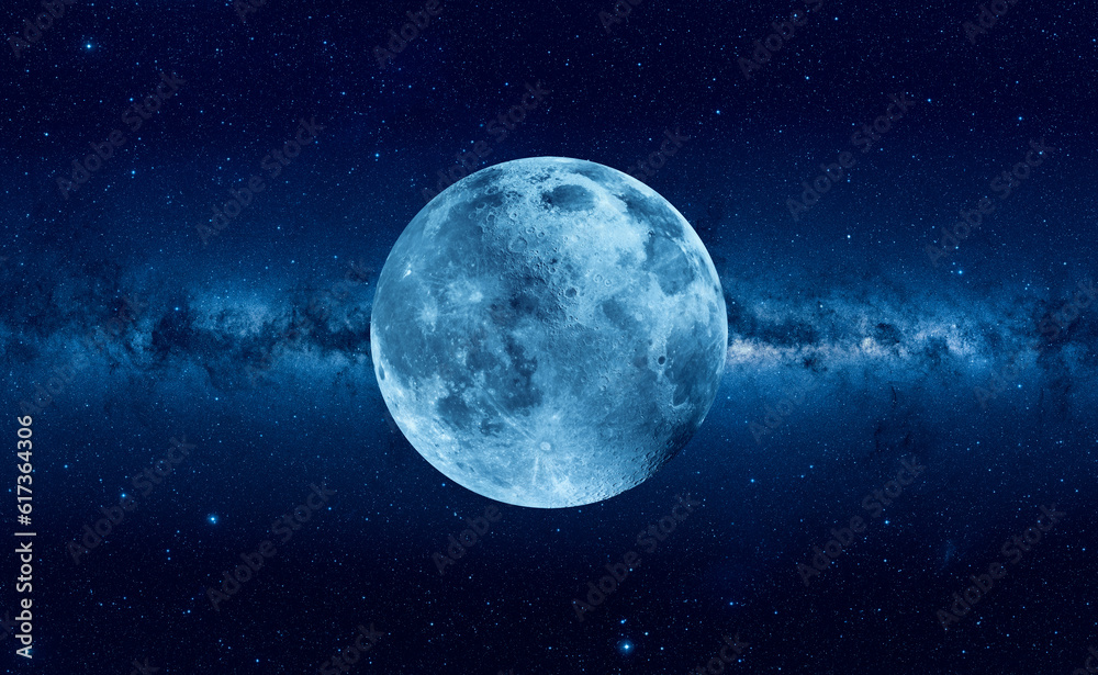 Amazing blue full moon, Milky Way galaxy in the background 