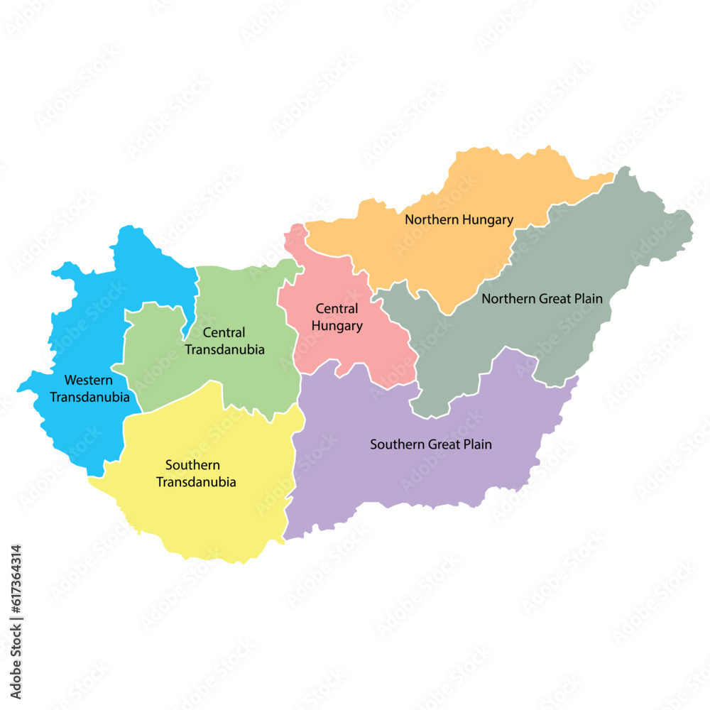 Hungary map background with regions, region names and cities in color. Hungary map isolated on white background. Vector illustration