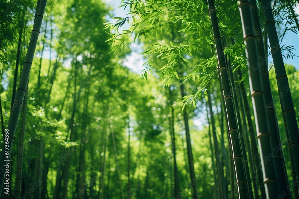 Fototapeta premium Majestic Giant Bamboo Trees Low-Angle Shot of a World Beneath the Canopy for world bamboo day. AI