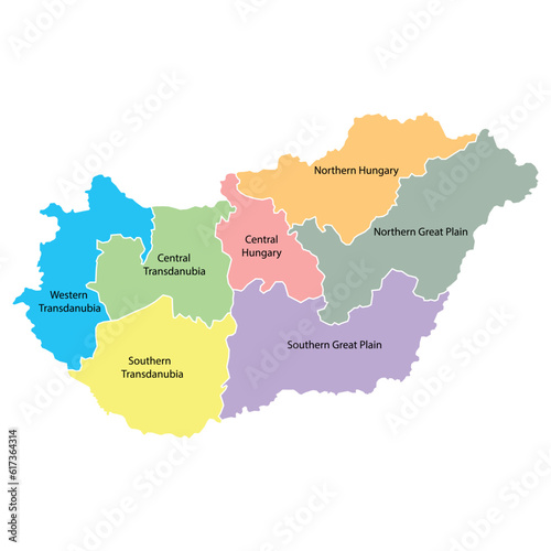 Hungary map background with regions  region names and cities in color. Hungary map isolated on white background. Vector illustration