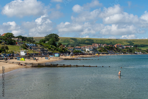 The sandy Swanage Beach in Swanage Bay, UK