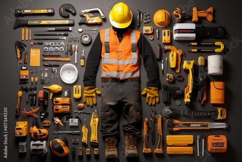 Labor Day Essentials Flat Lay of Workers' Tools. AI