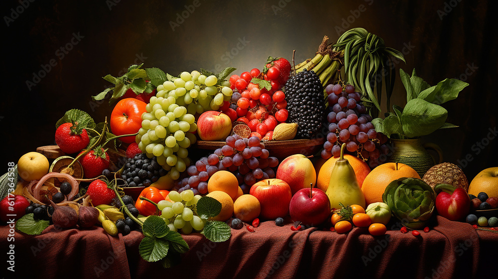 a variety of fruits and vegetables on a table, Generative Ai a variety of fruits and vegetables on a table, Generative Ai