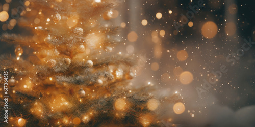 Blurred Soft focus Christmas background with fir tree and light in bokeh. Home decoration in New Year and Christmass.