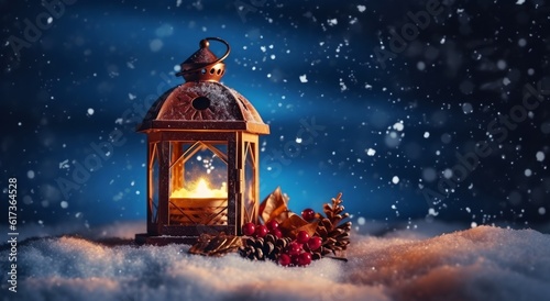 Christmas lantern, winter festive background generative ai © inspiretta