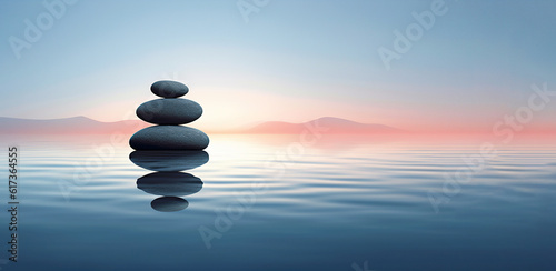 A stack of rocks sitting on top of a body of water. Generative AI. Zen stones.