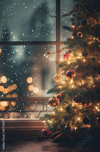 Blurred Soft focus Christmas background with fir tree and light in bokeh. Home decoration in New Year and Christmass.