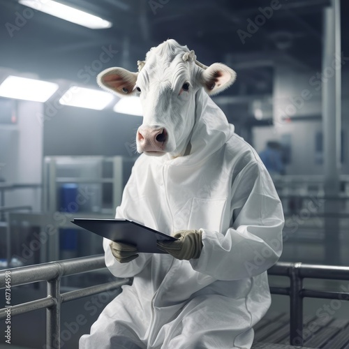 Cow in a white coat on a modern dairy farm