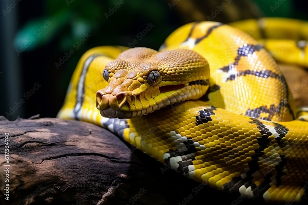 Yellow Python Serpent Coiled Around a Branch in Striking Display ...