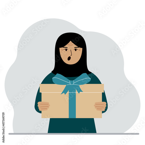 Screaming muslim woman holds a large gift box with a bow in his hands. Vector
