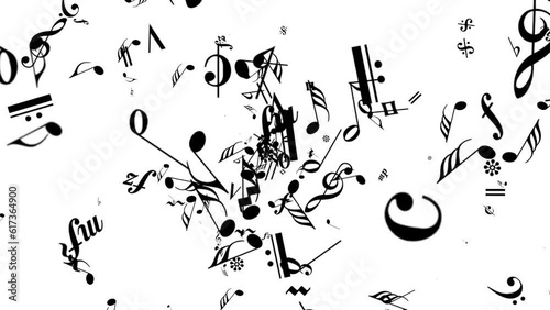 Music Notes - Flying Stream - Black Particles - White Background - Musical animation loop for background, logo, title, revealer, intro, transition, mask compositions