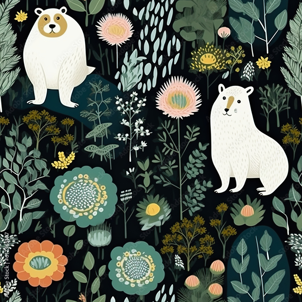 A polar bear and a polar bear in a field of flowers. Generative AI. Seamless pattern. A polar bear and a polar bear in a field of flowers. Generative AI. Seamless pattern.