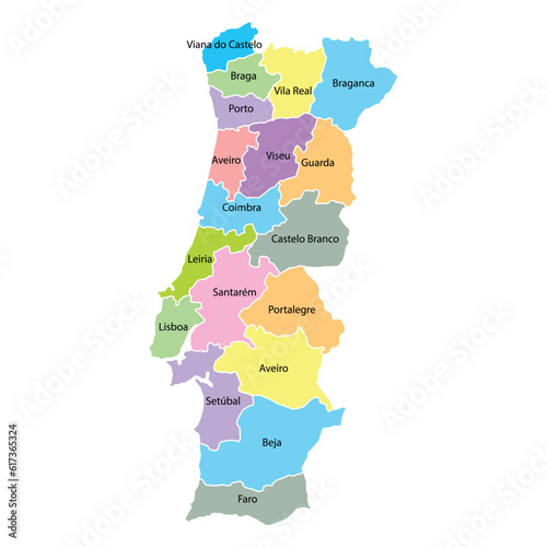 Portugal map background with regions and region names in color. Portugal map isolated on white background. Vector illustration