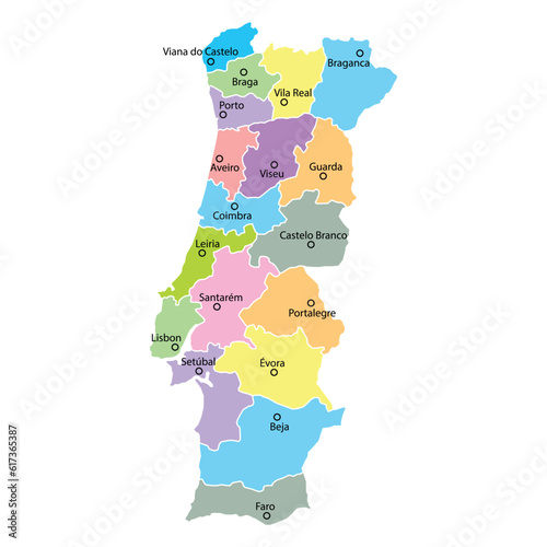 Portugal map background with regions and region names in color. Portugal map isolated on white background. Vector illustration