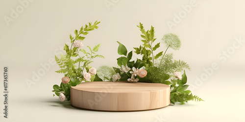 Wooden podium with leaves and plants, wood slice decorated with leaves and flower, generative Ai