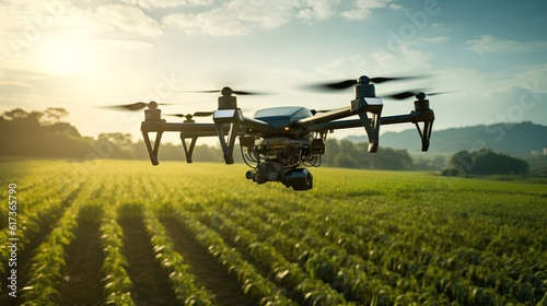 Agricultural drone in action, flying above a field. Precision farming by monitoring crop health, improving water efficiency and reducing chemical usage. Sustainable agriculture. Generative AI