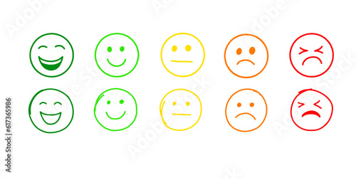 Colorful hand drawn in doodle style, emoji with evaluation range from joyful to sad.